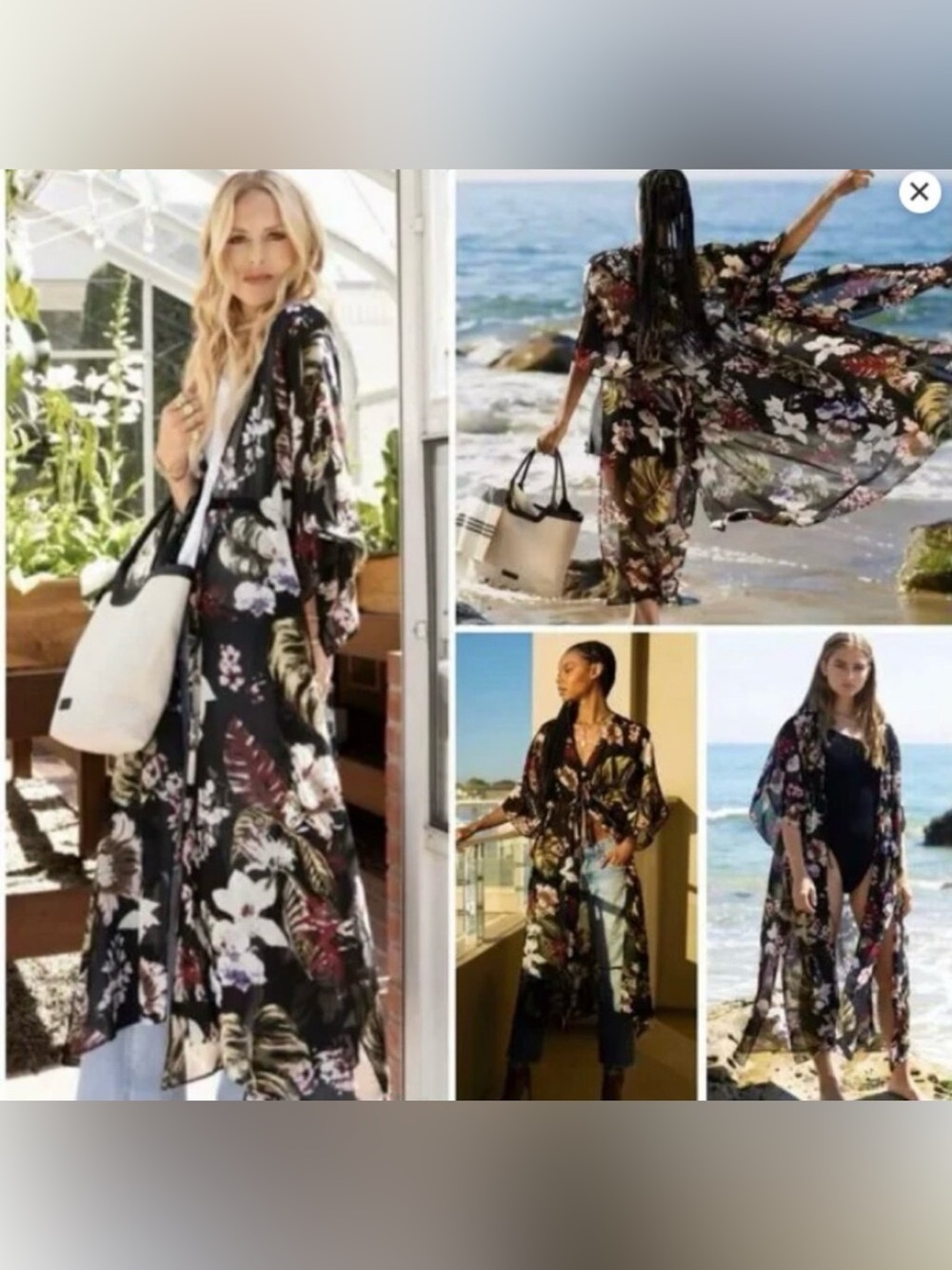 Walter Baker Tulum Floral Caftan Kimono Cover Up OS Black Tropical Resort Duster - Picture 4 of 13